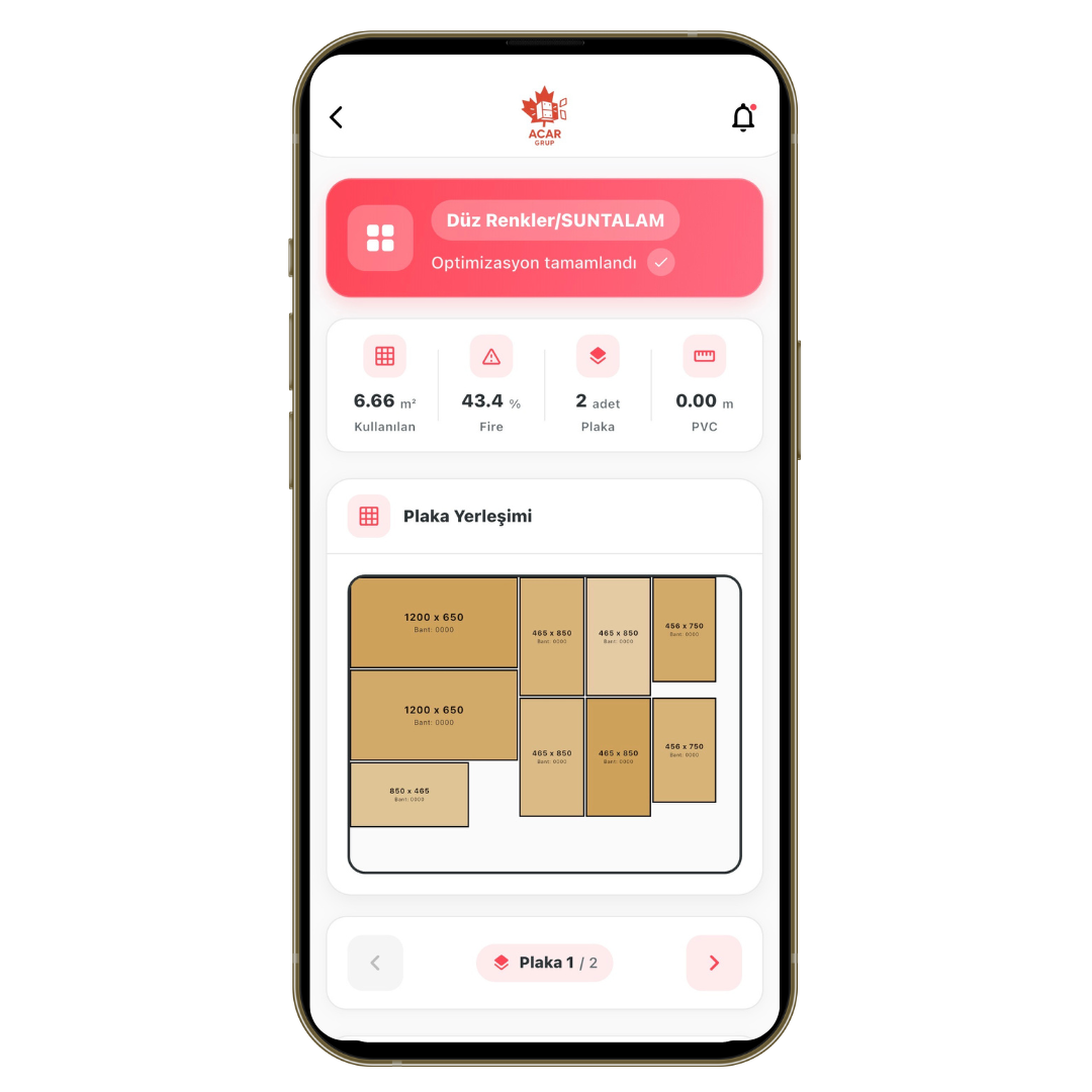 ACAR Mobil uygulaması özellikler ekranı - Ahşap kesim optimizasyonu ve sipariş yönetimi özellikleri
