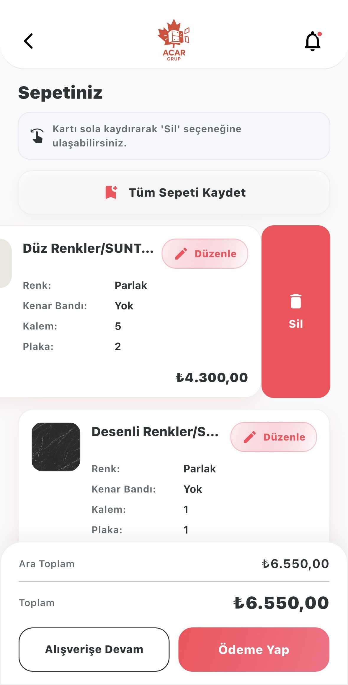 ACAR Mobil uygulama ekran görüntüsü 4 - Ahşap kesim optimizasyonu ve sipariş yönetimi özellikleri