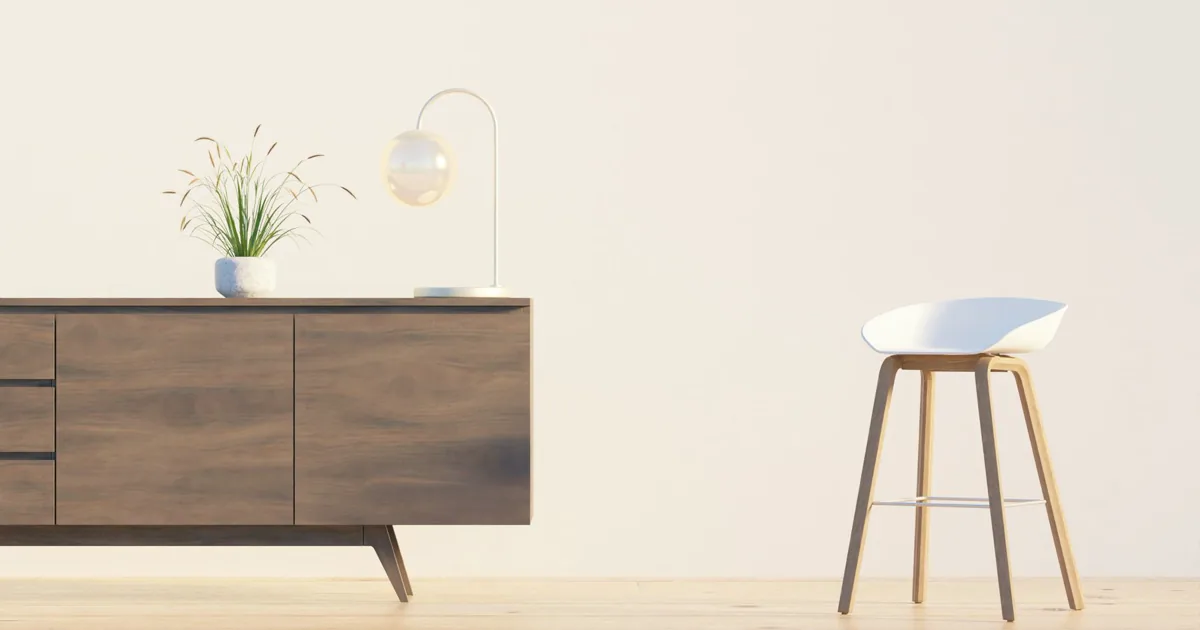 Modern mobilya örneği - ceviz kapaklı ahşap konsol ve beyaz tabure ile sade oturma alanı